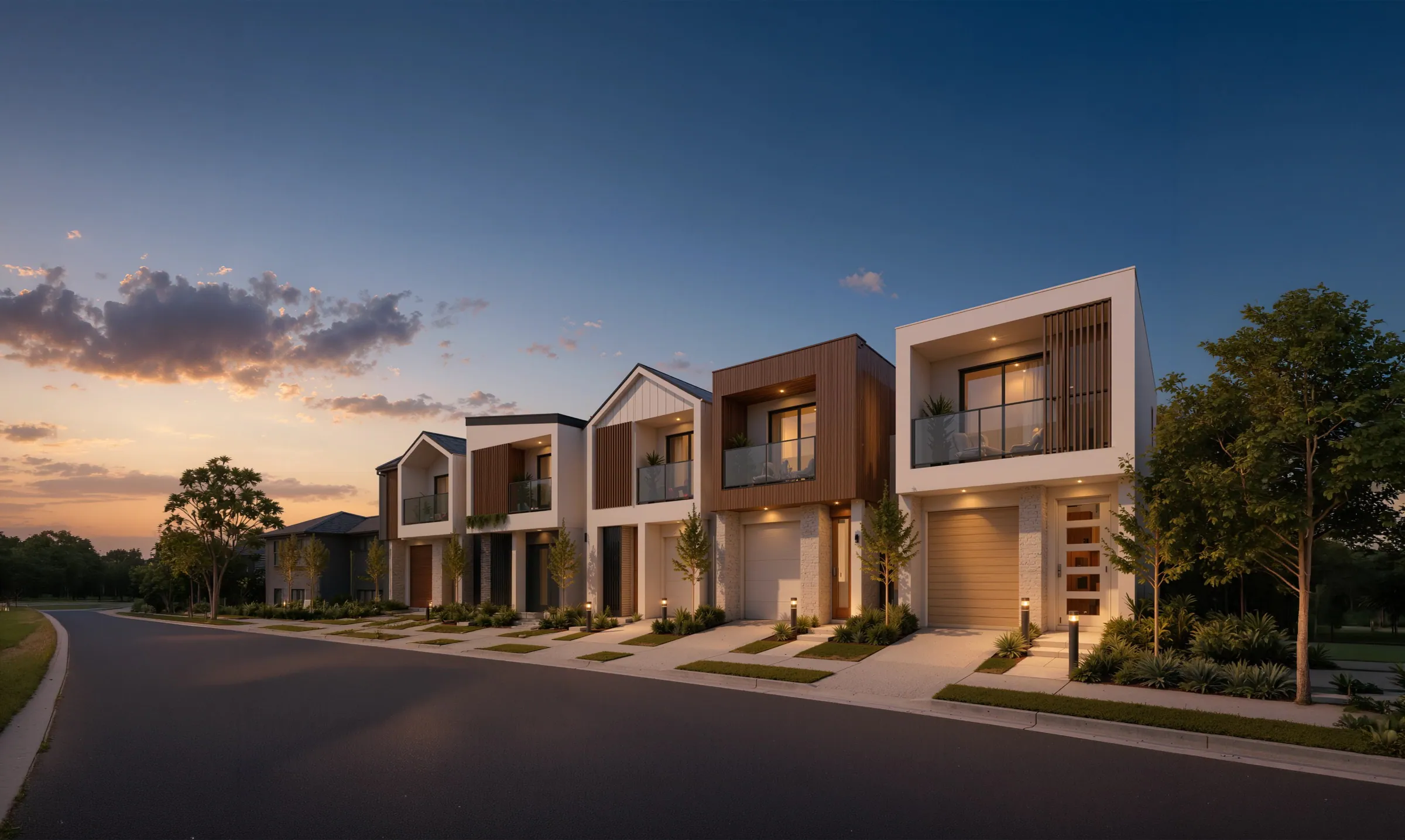 Urban Series townhomes at dusk