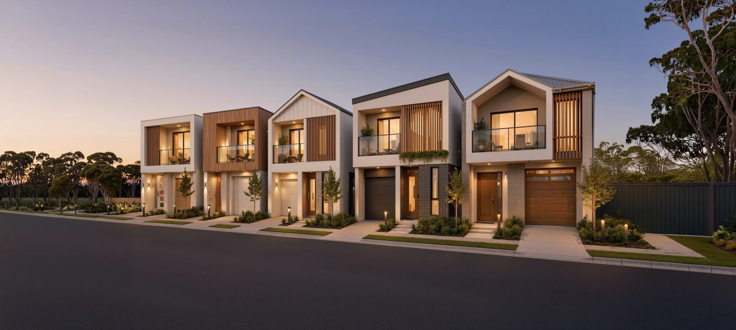 Urban Series townhomes at dusk